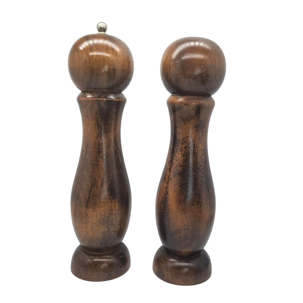 Vintage Chefs Tall 10 1/2 Inch Dark Wood Salt Shaker Pepper Mill Grinder Set